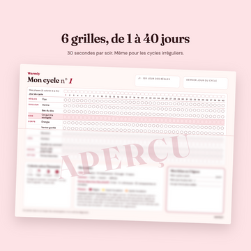 Tracker de cycle menstruel – 6 mois de suivi + récap pour ton/ta gynéco